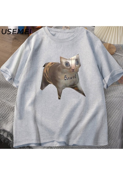Flood Of Style Rus Kedi Meme T-shirt Komik Grafik Baskı Kedi T Shirt Kadın Erkek Rahat Pamuk T-shirt Unisex Gri