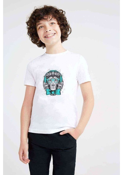 Tshirthane Kral Kulaklık Gözlük Papyonlu Aslan Baskılı Unisex Çocuk Beyaz T