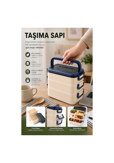 Mavi Beslenme Kutusu 3 Bölmeli 1 Adet 3 Bölmeli Beslenme Kabı Yemek Saklama Kabı Taşınabilir Lunch Box Okul