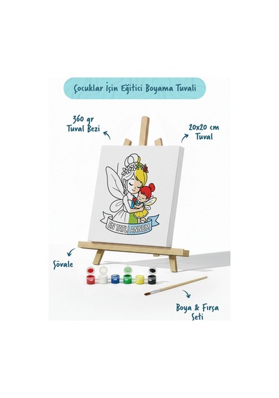 Çocuklar İçin En Tatlı Annem Boyama Tuvali Şövaleli Boya Seti 20x20 Cm
