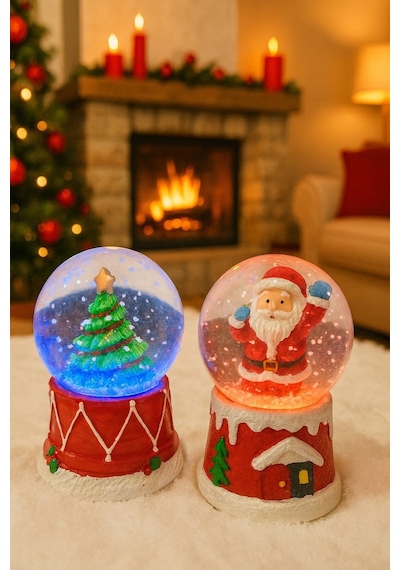 Yeni Yılın En Güzel Hediyesi Yılbaşı 2 Adet Led Işıklı 6,5 Cm Noel Baba Yılbaşı Çam Ağacı Kar Küresi Dekoratif Obje