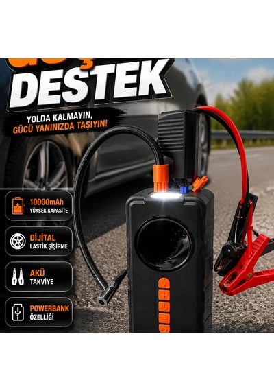 10000mah Powerbank Özellikli Dijital Araç Kompresörü 250 Psı Lastik Şişirme Ve 1000a Akü Takviye Cih