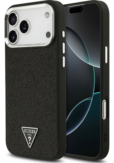 Apple Uyumlu iPhone 17 Pro Max Kılıf Guess Lisanslı M-safeli Metal Kamera Çerçeveli Üçgen Logolu Glitter Siyah Siyah