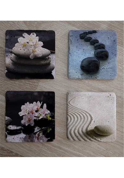 Spa Taşları Ve Kiraz Çiçeği Doğal Taş Bardak Altlığı 4'lü Set - Natural Stone Coasters - Taş Çok Renkli