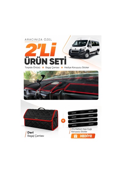 E-biz Peugeot Boxer 2017-2021 Uyumlu Torpido Örtüsü + Deri Bagaj Çantası - Siyah-kırmızı - Pe026