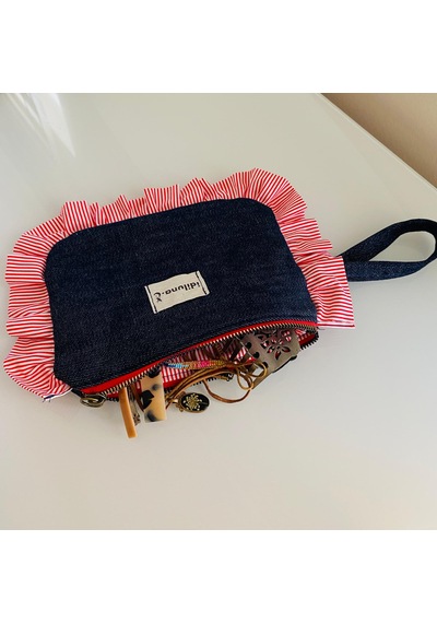 İdiluna Kırmızı Fırfırlı, Kulplu Lacivert Denim Makyaj Çantası / Clutch Lacivert - Kırmızı İdiluna Kırmızı Fırfırlı, Kulplu Lacivert Denim Makyaj Çantası / Clutch Lacivert - Kırmızı