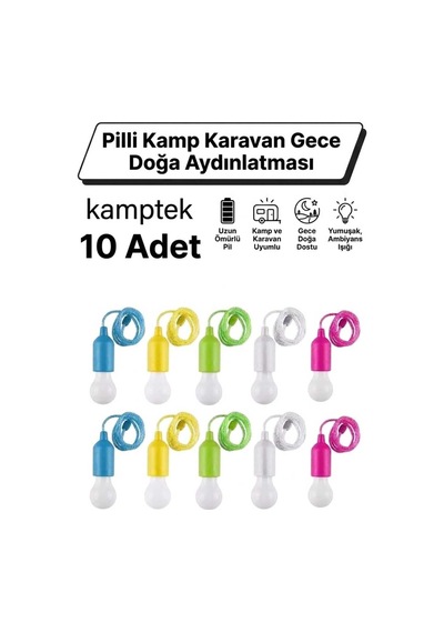 Kamptek Fonksiyonel Çek Yak Ampul 10'lu Paket - Renkli Pille Çalışan Portatif Led Işıldak Lamba Renkli