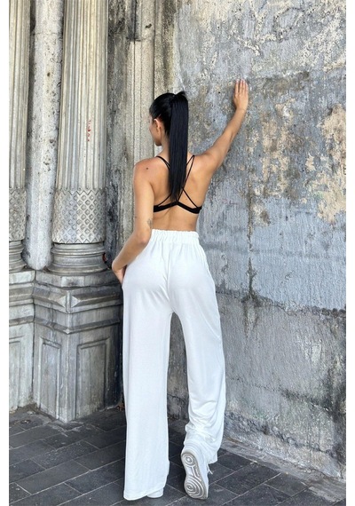 Beyaz Beli Lastikli, Cepli, Bol Paça, Salaş Pantolon Beyaz