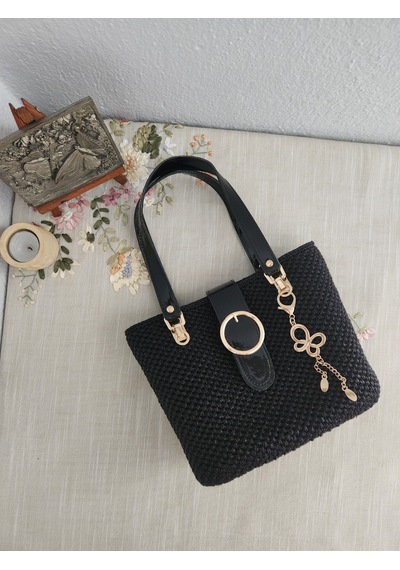 Fikriharika Design Gucci Model, Gold Detaylı, Metalik Siyah, Kadın El Çantası Siyah - Altın