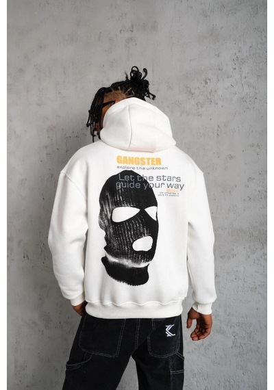 Barlashive Erkek Maske Baskılı 3 İplik Pamuklu Kapüşonlu Sweatshirt Hoodie - Beyaz Çok Renkli