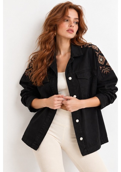 Saade Siyah Etnik İşlemeli Oversize Denim Ceket