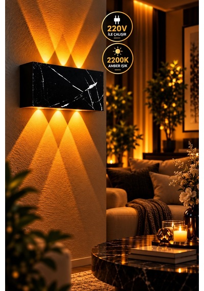 Siyah Beyaz Mermer Desenli 12w 2200k Amber Işıklı 3 Gözlü Yukarı Aşağı Dekoratif Duvar Apliği 16 Cm Amber Işık