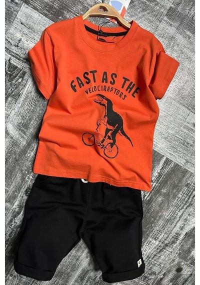 Riccotarz Erkek Çocuk Dinazor Ve Bisiklet Baskılı Turuncu T-shirt Penye Şortlu Takım Turuncu