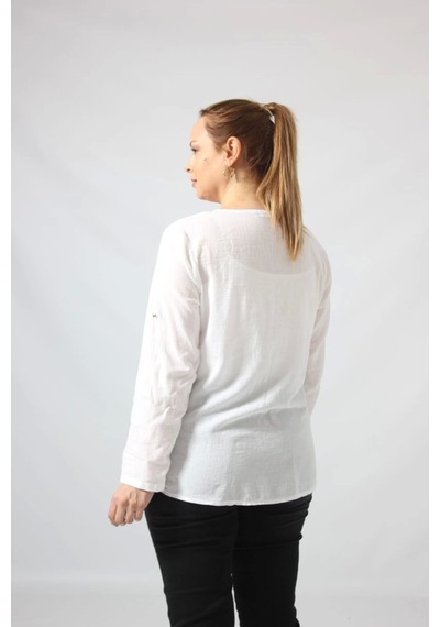 Moda Berray 3294 Beyaz Yıldız Baskılı Organik Keten Kumaş Mevsimlik Gömlek Beyaz