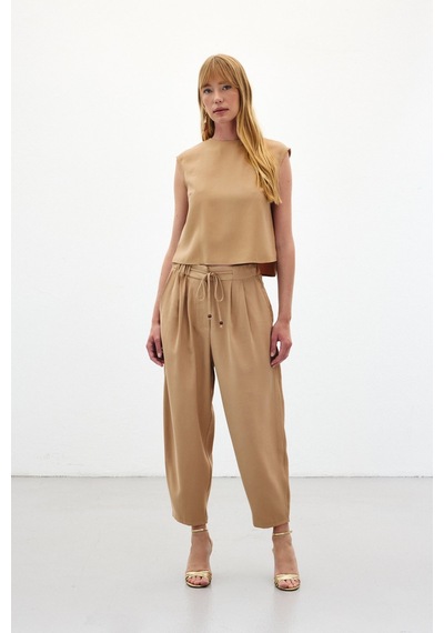 Sateen Şalvar Kesim Pantolon - Bej-136444 Bej