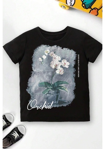 Uyguntarz Çocuk Orchid Baskılı Pamuklu Tshirt Siyah
