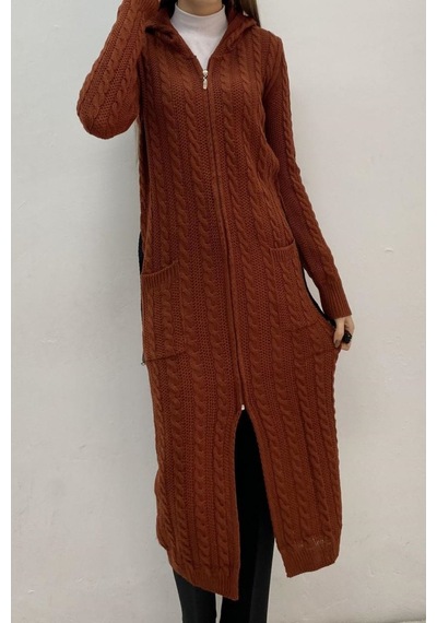 Onno Style Women Uzun Kapşonlu Saç Örgü Hırka Kiremit