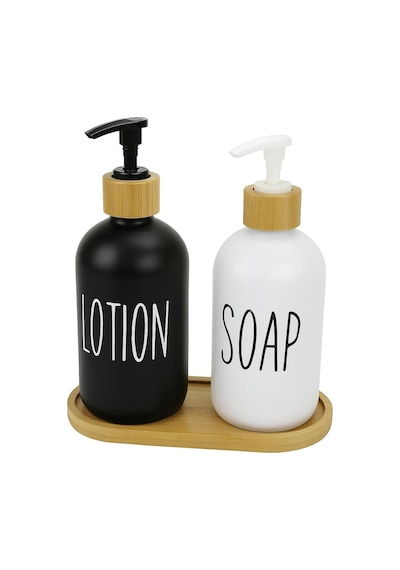 2 Li Cam Sıvı Sabunluk Ve Losyonluk Seti 500 Ml Siyah & Beyaz Boyalı Cam Bambu Kapak Ve Ahşap Altlıklı Banyo Seti Şık Ve Dayanıklı Tasarım 000 Açık Krem
