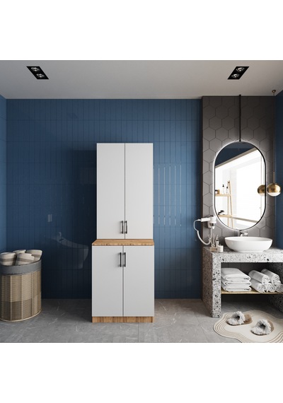 Aspen Çamaşır Ve Kurutma Makinesi Dolabı Banyo Dolabı Çam Beyaz Beyaz - Çam