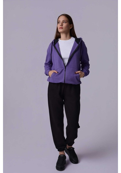 Defys Defy S Kadın Oversize Kapüşonlu Fermuarlı Cepli Sweatshirt Mor - 527346818 Mor
