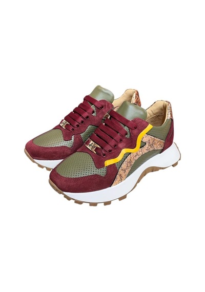Yeşil Hakiki Deri Bordo Garnili Comfort Taban Bağcıklı Sneaker Yeşil