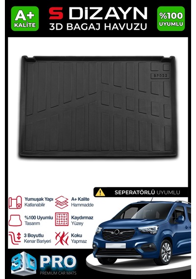 S-dizayn Opel Combo Seperatörlü 3d Pro Bagaj Havuzu 2019 Üzeri A+ Kalite