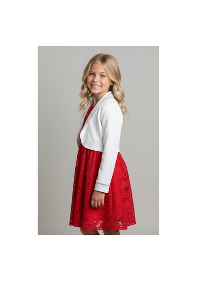Fesshera Kids Kız Çocuk Dantel Elbise Bolero Ceket Takım 9-12 Yaş Kırmızı