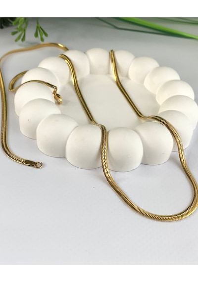 Altın / Gold Renk 80 Cm İtalyan Ezme Zincir Çelik Kolye Altın