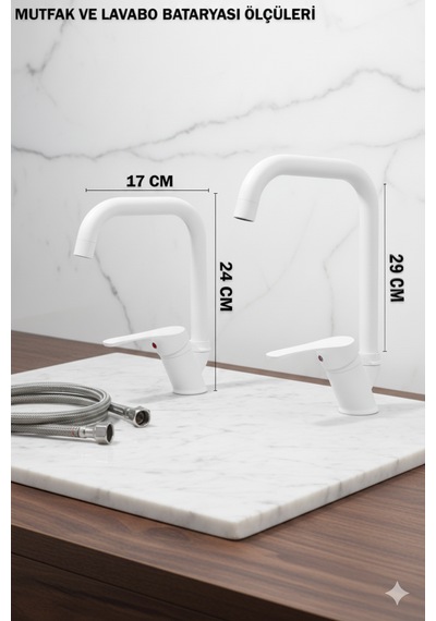 66231 Lavabo Banyo Mutfak Bataryası Ve Robot Duş Takımı Köşe Borulu Siyah Krom Beyaz Beyaz