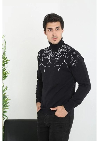 Moda Assema Erkek Baskılı Tam Boğazlı Uzun Kol Dokuma Triko - Siyah Çok Renkli