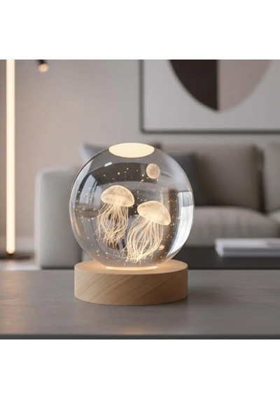 Büyük Boy Işıklı Ahşap Kaideli 3d Denizanası Temalı Cam Küre 8cm