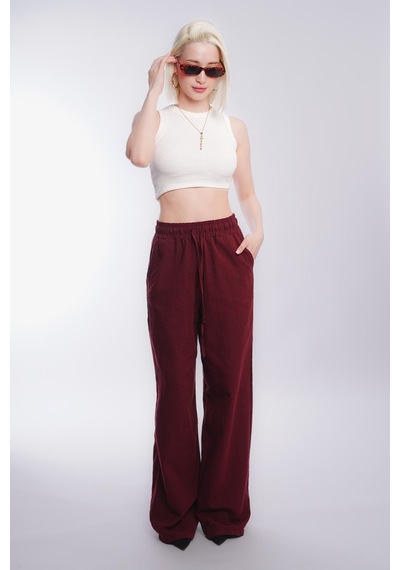Madmext Bordo Beli Büzgülü Bol Paça Kadın Pantolon Mg2011 Bordo