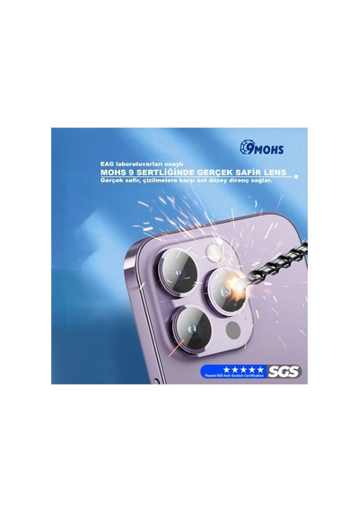 Sapphire Apple iPhone 14 Pro / 14 Pro Max Uyumlu 9 Mohs %99.99  Safir Renkli Kamera Lens Koruyucu