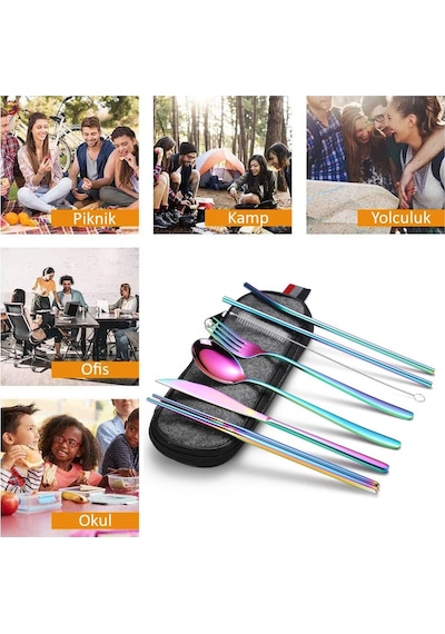 Valkyrie 8 Parça Çantalı Yolculuk Çatal Bıçak Kaşık Pipet Chopstick Seti Kamp Okul Ofis Tatil Paslanmaz Çelik Renkli Çok Renkli