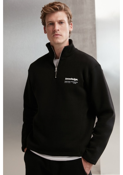 Grimelange Halden  Erkek Içi Polarlı Dik Yaka Yarım Fermuarlı Baskı Detaylı Regular Siyah Sweatshirt