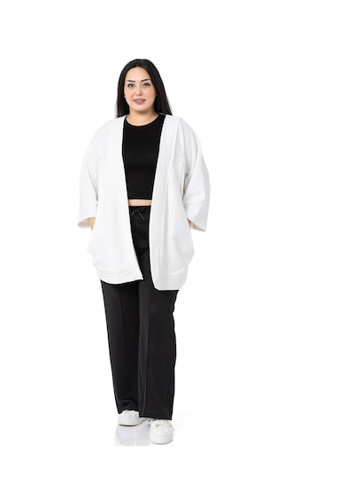 Disentis Büyük Beden Truvakar Kollu Oversize Cepli Üç İplik Beyaz Hırka-beyaz Beyaz