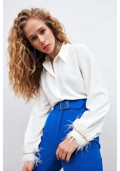 Sateen Manşetleri Aksesuarlı Gömlek - Ekru-132908 Ekru