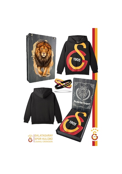 Galatasaray Lisanslı Büyük Logo Çocuk Sweat + Bileklik Set Hediyelik Ahşap Kutulu 095 Siyah