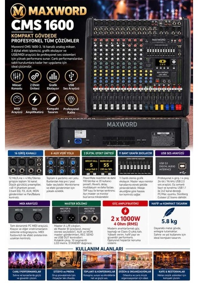 Maxword Cms 1600-3 Mixer 16 Kanal Analog Kompakt Power Mikser