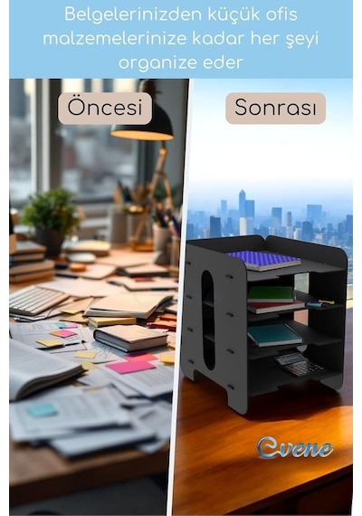 Evene Dosya Düzenleyici Masa Üstü Organizer Ahşap Evrak Raflı Model 1 Siyah, Eorganizer1