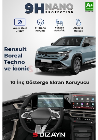 S-dizayn Renault Boreal Techno Ve İconic 10 İnç 9h Nano Gösterge Ekran Koruyucu Parlak 2025 Üzeri A+ Kalite