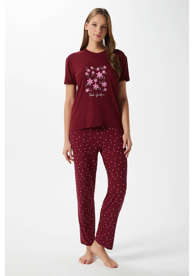 Ritnice Kadın Garden Yumuşak Doku Bordo Çiçek Desen Bisiklet Yaka Kısa Kollu Alt Üst Pijama Takımı