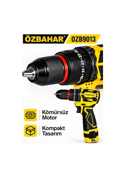Özbahar Ozb9013 16,8v Kömürsüz Akülü Darbeli Matkap Çift Akülü, 2 Hızlı