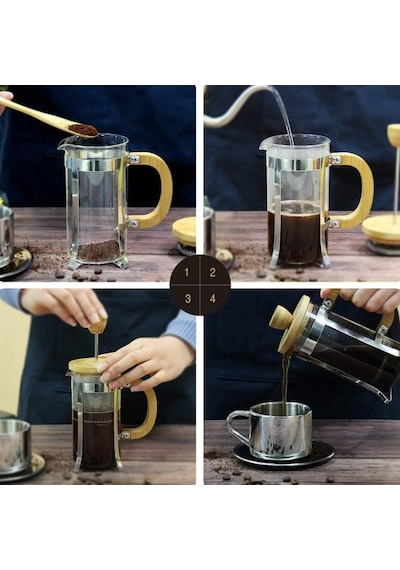 Ahşap Detaylı 600 Ml Cam French Press Şeffaf