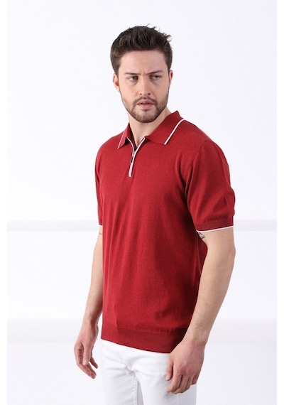 Ferraro Tarçın Yaka Şerit Fermuarlı Erkek Pamuk Triko T-Shirt-Tarçın