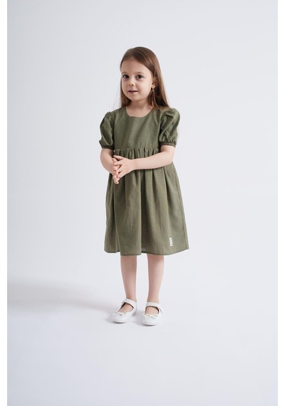 Oliventhekid Kolları Ve Beli Lastikli Kız Çocuk Elbise Haki Haki