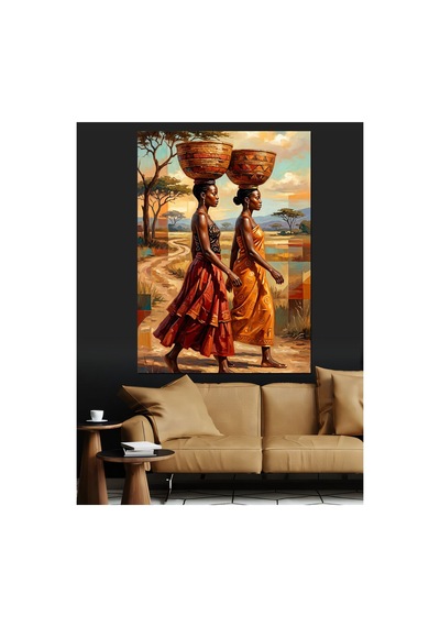 Sepet Taşıyan Afrikalı Kadınlar Sanatı Yağlı Boya Dokulu Kanvas Tablo Canvas Tablosu