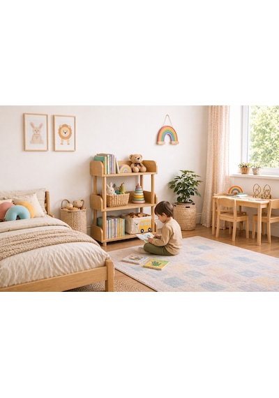 Pureza Ahşap Çocuk Kitaplık & Oyuncak Rafı 3 Katlı Çok Amaçlı Düzenleyici 60x80 CM Meşe