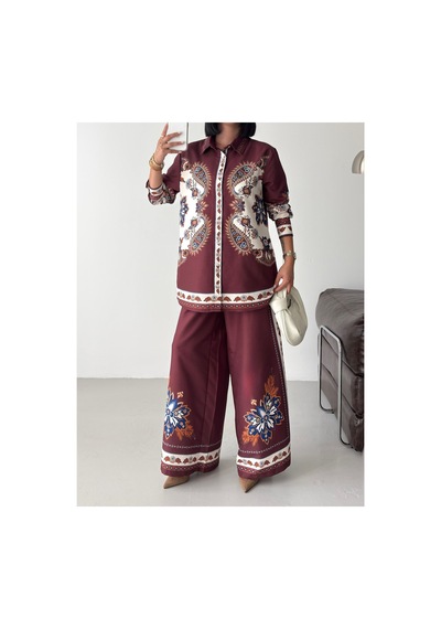 Wellway İthal Chokellaa Kumaş Çiçekli Tunik Gömlek & Pantolon 2li Takım-bordo -26123 Bordo