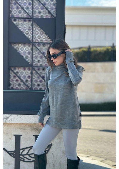 WeShaya Kadın Gri Bogazlı, Yanları Yırtmaçlı Triko Kazak Gri